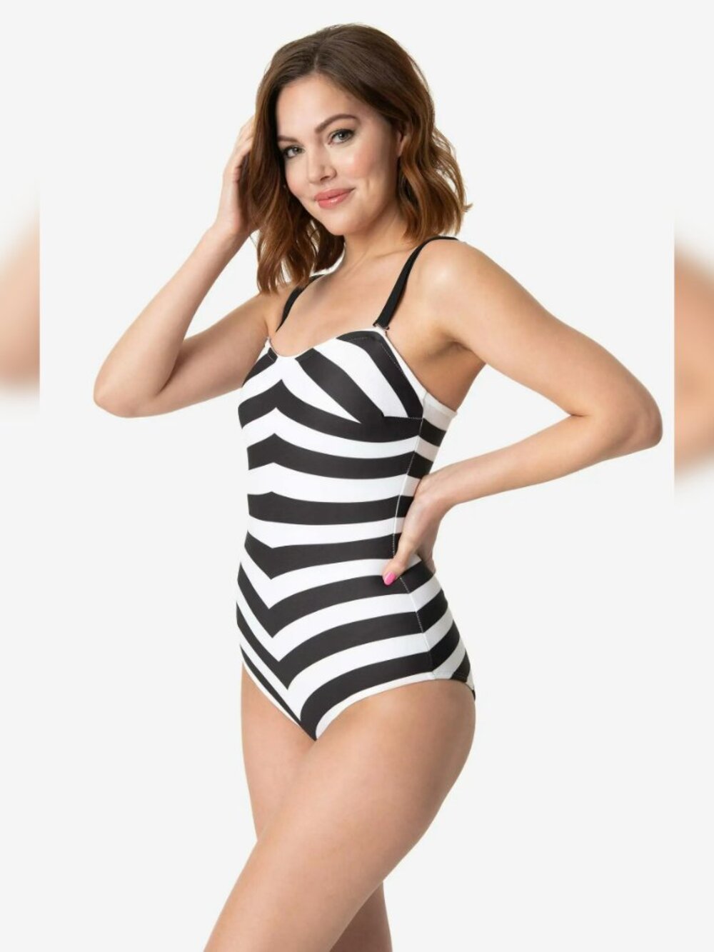 Barbie x Unique Vintage Chevron Stripes One Piece Bathing Suit Black White M NWT